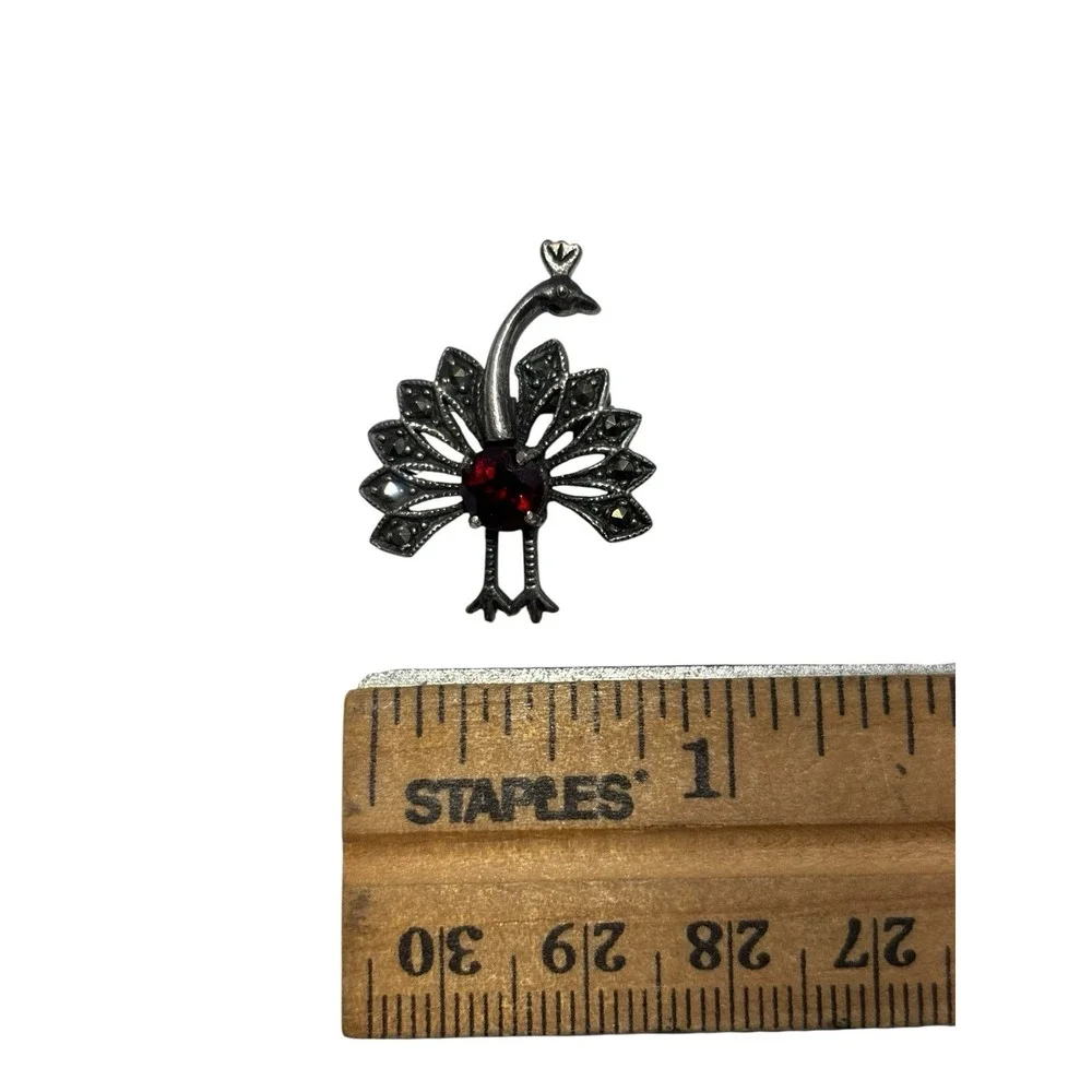 Vintage Sterling Silver 925 Red Stone Marcasite Peacock Bird Dainty Brooch Pin